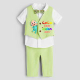 Tenth Year Cocomelon Themed Customized Waist Coat With Name For Kids - PASTEL GREEN - 1 Year Old (Waist Coat - Chest 22"/Pant Length 17"/Pant Waist 21")