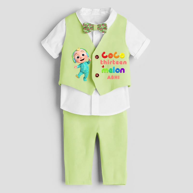 Thirteenth Year Cocomelon Themed Customized Waist Coat With Name For Kids - PASTEL GREEN - 1 Year Old (Waist Coat - Chest 22"/Pant Length 17"/Pant Waist 21")