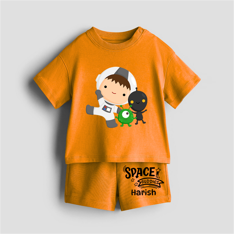 Space Buddies - Customized Kids Co-ord Set With Name For Boys & Girls (Ages 0 - 13) - TANGERINE - 0-5 months old  (Chest 18")