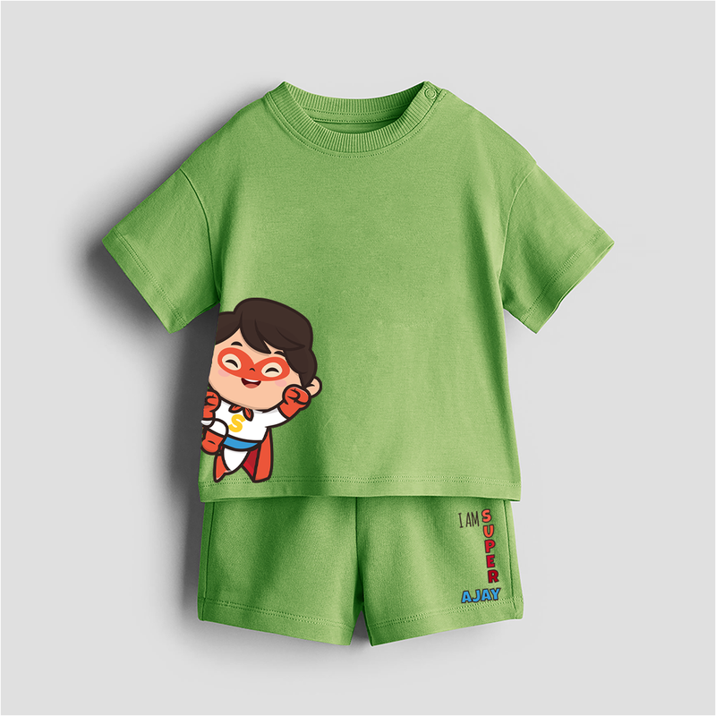 I Am Super - Customized Kids Co-ord Set With Name For Boys & Girls (Ages 0 - 13) - KIWI GREEN - 0-5 months old  (Chest 18")