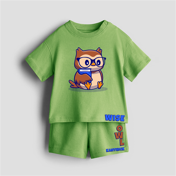 Wise Owl - Customized Kids Co-ord Set With Name For Boys & Girls (Ages 0 - 13) - KIWI GREEN - 0-5 months old  (Chest 18")