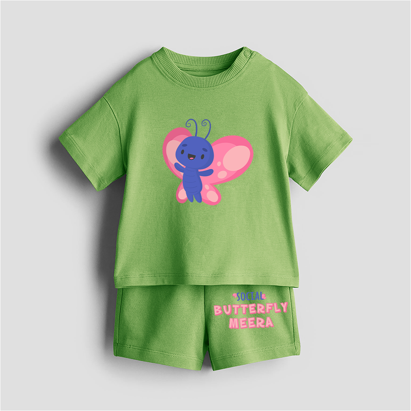 Social Butterfly - Customized Kids Co-ord Set With Name For Boys & Girls (Ages 0 - 13) - KIWI GREEN - 0-5 months old  (Chest 18")