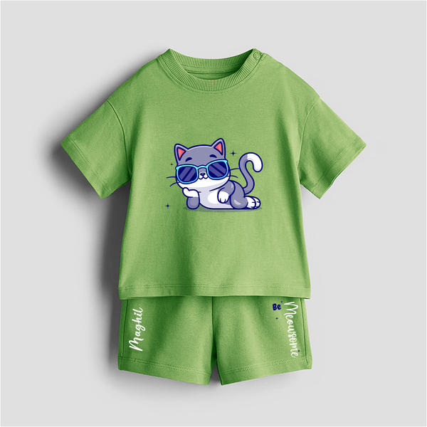 Be Meowsome - Customized Kids Co-ord Set With Name For Boys & Girls (Ages 0 - 13) - KIWI GREEN - 0-5 months old  (Chest 18")