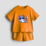 Be Meowsome - Customized Kids Co-ord Set With Name For Boys & Girls (Ages 0 - 13) - TANGERINE - 0-5 months old  (Chest 18")