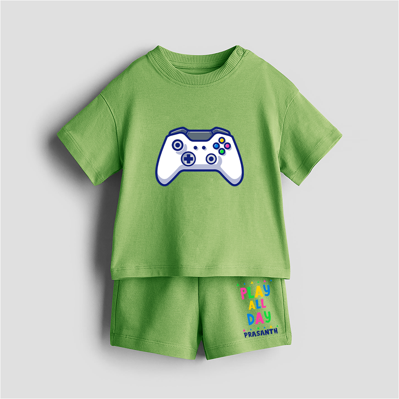 Play All Day - Customized Kids Co-ord Set With Name For Boys & Girls (Ages 0 - 13) - KIWI GREEN - 0-5 months old  (Chest 18")