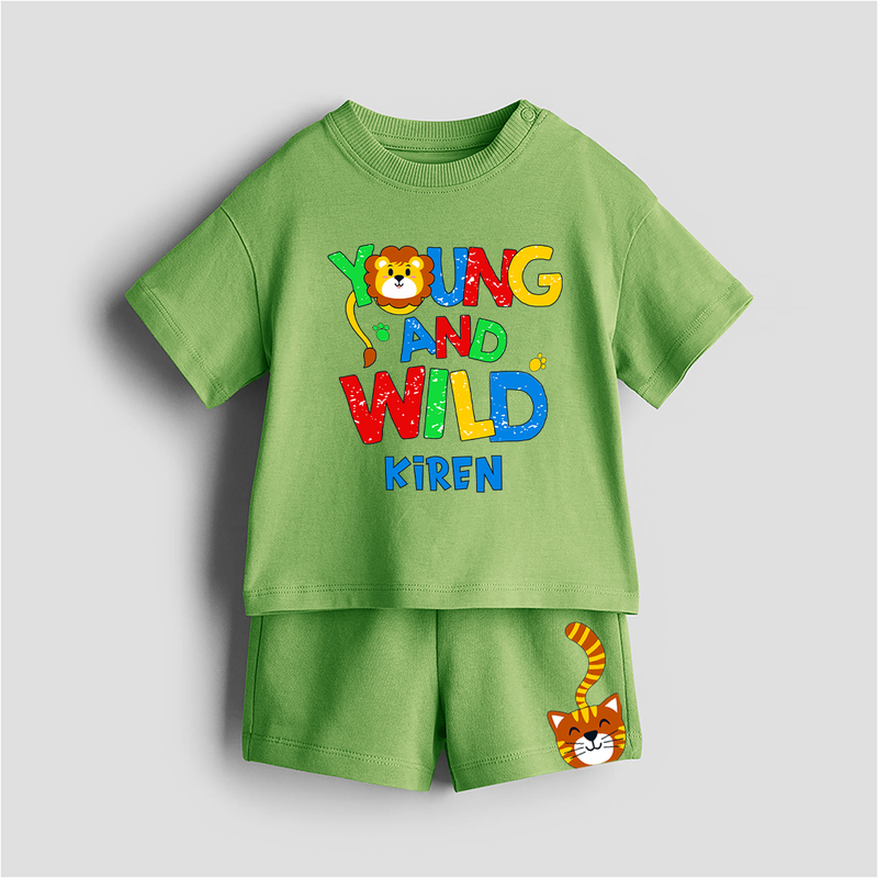 Young And Wild - Customized Kids Co-ord Set With Name For Boys & Girls (Ages 0 - 13) - KIWI GREEN - 0-5 months old  (Chest 18")