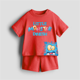 Little Monster - Customized Kids Co-ord Set With Name For Boys & Girls (Ages 0 - 13) - RED - 0-5 months old  (Chest 18")