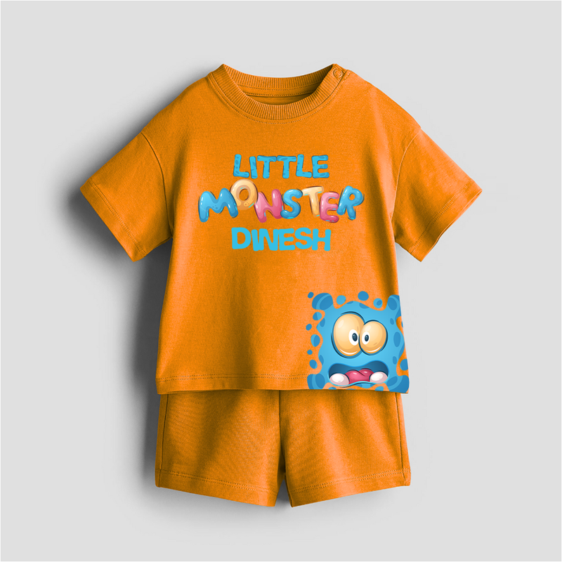 Little Monster - Customized Kids Co-ord Set With Name For Boys & Girls (Ages 0 - 13) - TANGERINE - 0-5 months old  (Chest 18")