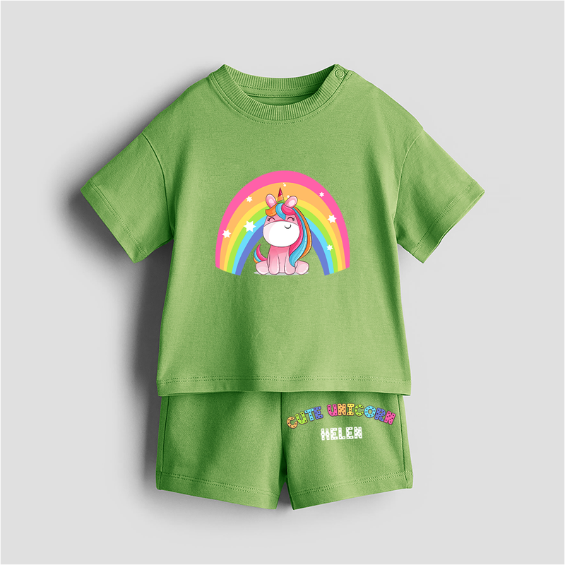 Cute Unicorn - Customized Kids Co-ord Set With Name For Boys & Girls (Ages 0 - 13) - KIWI GREEN - 0-5 months old  (Chest 18")