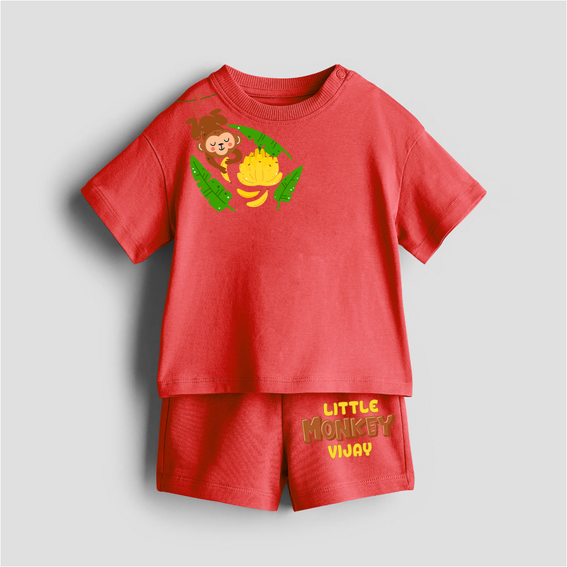 Little Monkey - Customized Kids Co-ord Set With Name For Boys & Girls (Ages 0 - 13) - RED - 0-5 months old  (Chest 18")