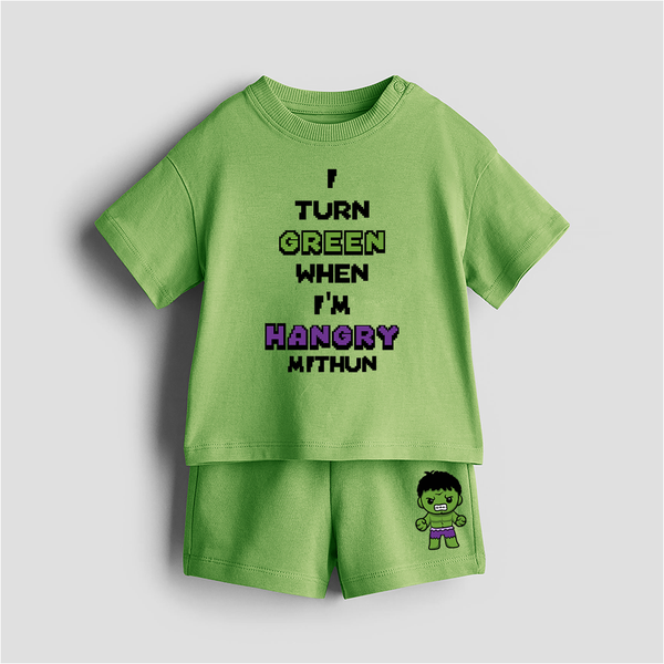 I Turn Green When I'm Hangry - Customized Kids Co-ord Set With Name For Boys & Girls (Ages 0 - 13) - KIWI GREEN - 0-5 months old  (Chest 18")