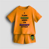 I Turn Green When I'm Hangry - Customized Kids Co-ord Set With Name For Boys & Girls (Ages 0 - 13) - TANGERINE - 0-5 months old  (Chest 18")