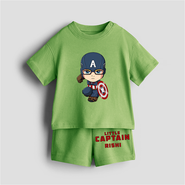 Little Captain - Customized Kids Co-ord Set With Name For Boys & Girls (Ages 0 - 13) - KIWI GREEN - 0-5 months old  (Chest 18")