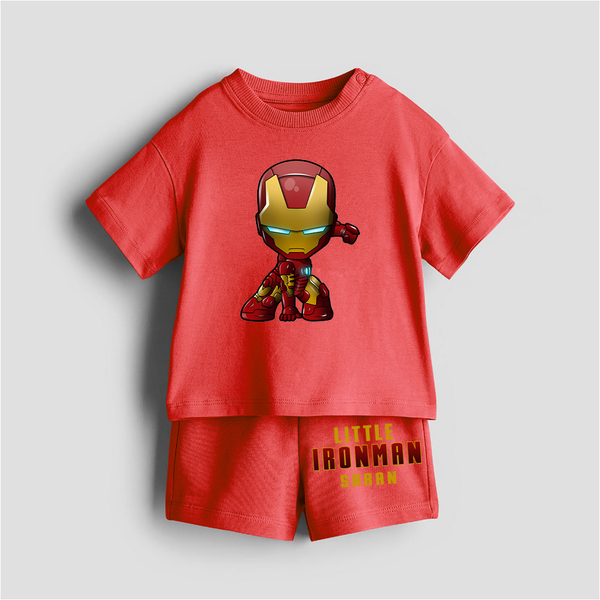 Little Ironman - Customized Kids Co-ord Set With Name For Boys & Girls (Ages 0 - 13) - RED - 0-5 months old  (Chest 18")