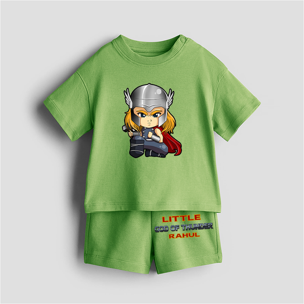 Little God Of Thunder - Customized Kids Co-ord Set With Name For Boys & Girls (Ages 0 - 13) - KIWI GREEN - 0-5 months old  (Chest 18")