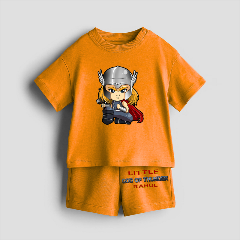 Little God Of Thunder - Customized Kids Co-ord Set With Name For Boys & Girls (Ages 0 - 13) - TANGERINE - 0-5 months old  (Chest 18")