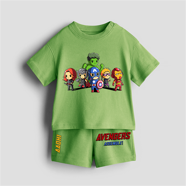 Avengers Assemble! - Customized Kids Co-ord Set With Name For Boys & Girls (Ages 0 - 13) - KIWI GREEN - 0-5 months old  (Chest 18")