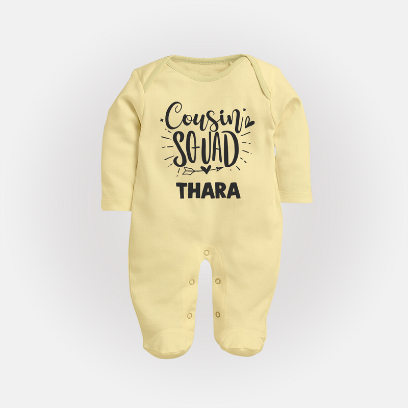 Cousin Squad Cotton Sleep Suit / Full Sleeve Bodysuit | Personalized Baby Wear - PASTEL YELLOW - New Born (Chest 7.5")