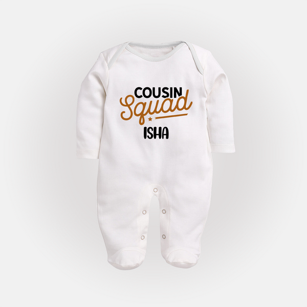 Tiny Cousin Team Sleep Suit / Full Sleeve Bodysuit | Personalized Infant Apparel - WHITE - New Born (Chest 7.5")