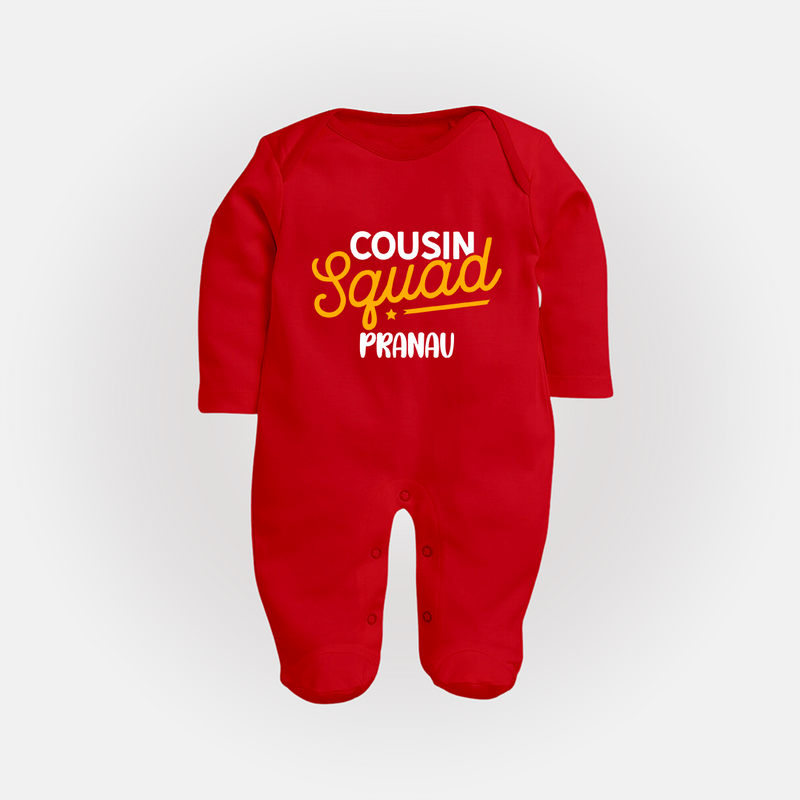 Tiny Cousin Team Sleep Suit / Full Sleeve Bodysuit | Personalized Infant Apparel - RED - New Born (Chest 7.5")