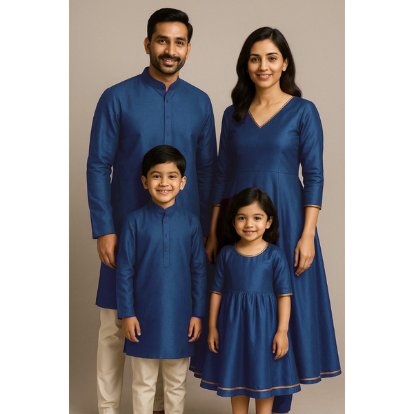 Indian family wearing coordinated raw silk ethnic outfits with golden lace accents — dad in kurta, mom in Anarkali set, son in kurta, and daughter in frock — festive family ethnic wear set.