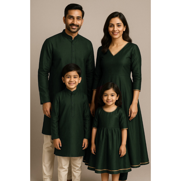Indian family wearing coordinated raw silk ethnic outfits with golden lace accents — dad in kurta, mom in Anarkali set, son in kurta, and daughter in frock — festive family ethnic wear set.