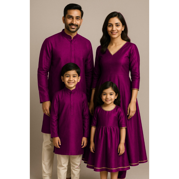 Indian family wearing coordinated raw silk ethnic outfits with golden lace accents — dad in kurta, mom in Anarkali set, son in kurta, and daughter in frock — festive family ethnic wear set.