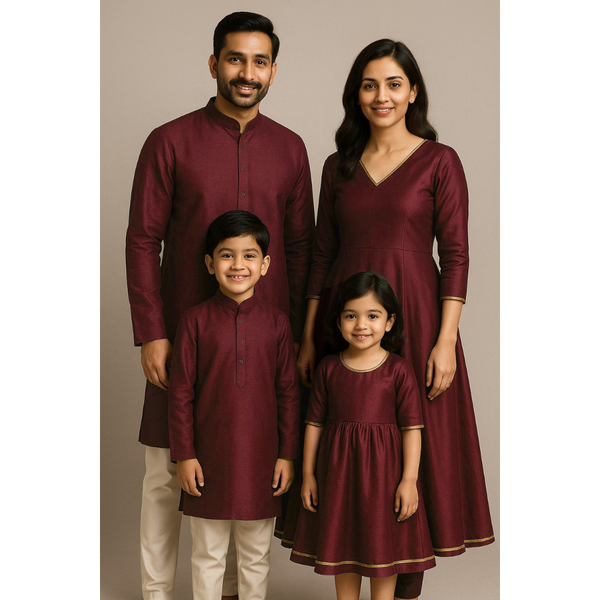 Indian family wearing coordinated raw silk ethnic outfits with golden lace accents — dad in kurta, mom in Anarkali set, son in kurta, and daughter in frock — festive family ethnic wear set.