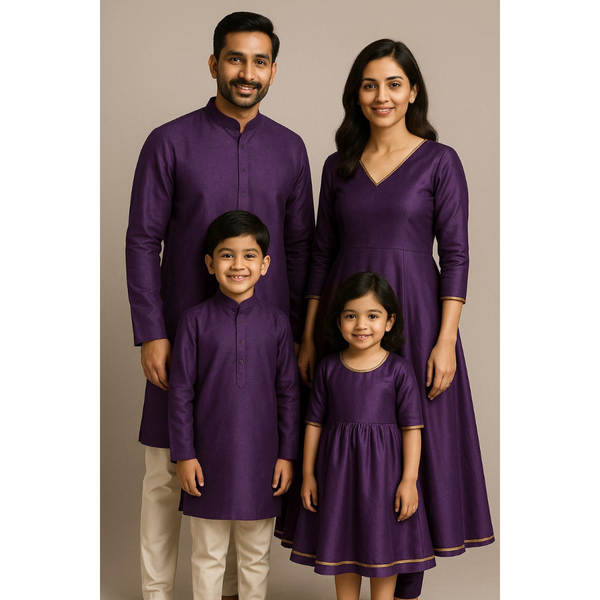 Indian family wearing coordinated raw silk ethnic outfits with golden lace accents — dad in kurta, mom in Anarkali set, son in kurta, and daughter in frock — festive family ethnic wear set.