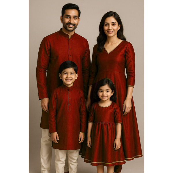 Indian family wearing coordinated raw silk ethnic outfits with golden lace accents — dad in kurta, mom in Anarkali set, son in kurta, and daughter in frock — festive family ethnic wear set.