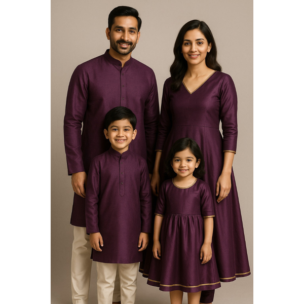 Indian family wearing coordinated raw silk ethnic outfits with golden lace accents — dad in kurta, mom in Anarkali set, son in kurta, and daughter in frock — festive family ethnic wear set.