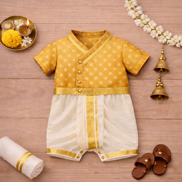 Royal Mustard & Gold Baby Dhoti Romper – Traditional Festive Ethnic Outfit