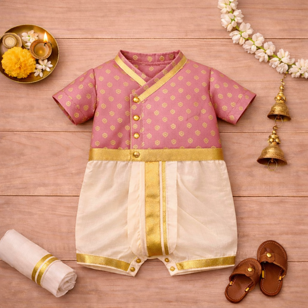 Royal Pink & Gold Baby Dhoti Romper – Traditional Festive Ethnic Outfit
