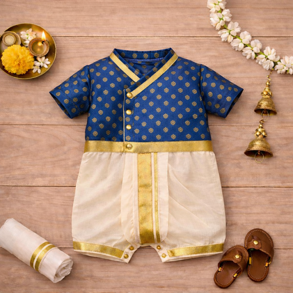 Royal Navy Blue & Gold Baby Dhoti Romper – Traditional Festive Ethnic Outfit