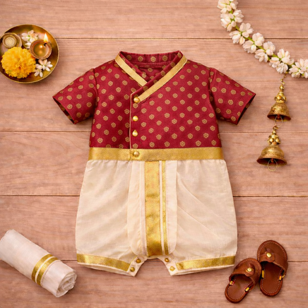 Royal Red & Cream Baby Ethnic Romper – Classic Festive Silk Outfit for Little Boys.