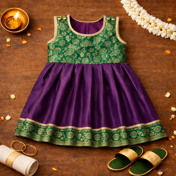 Royal Purple & Emerald Green Baby Ethnic Frock – Traditional Festive Outfit for Girls