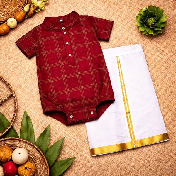Royal Maroon & Gold Checkered Baby Ethnic Romper – Traditional Festive Outfit for Babies