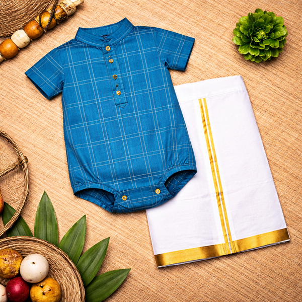 Royal Blue & Gold Checkered Baby Ethnic Romper – Traditional Festive Outfit for Babies
