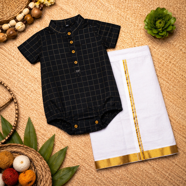 Royal Black & Gold Checkered Baby Ethnic Romper – Traditional Festive Outfit for Babies