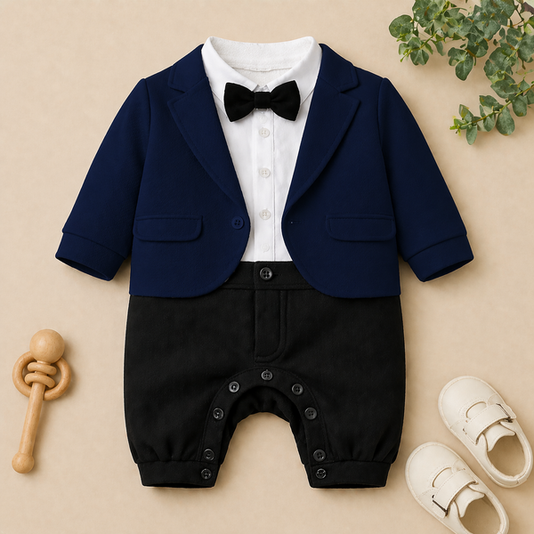 Charming Tuxedo Romper – Elegant Formal Outfit for Little Ones