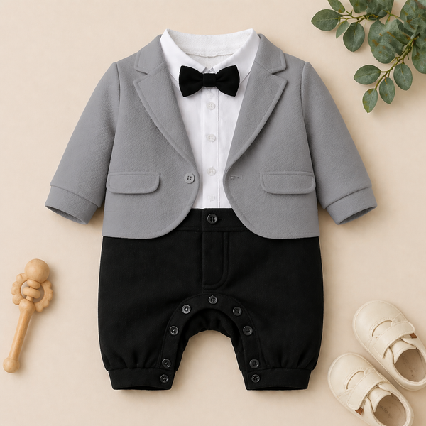 Charming Tuxedo Romper – Elegant Formal Outfit for Little Ones
