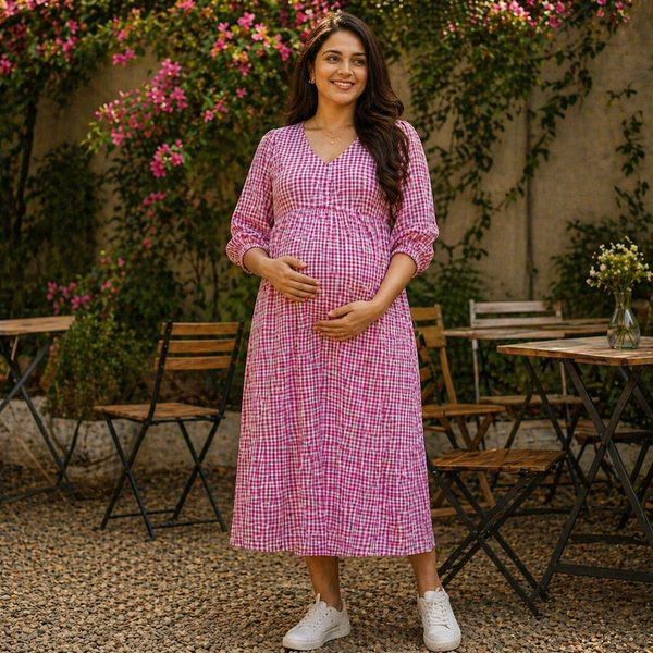 Pink Gingham Customized Maternity Dress