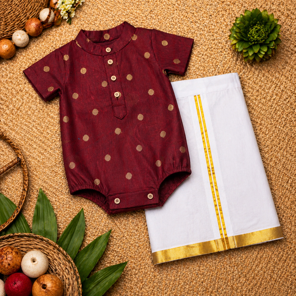 Royal Maroon & Gold Baby Ethnic Romper – Classic Festive Silk Outfit for Babies
