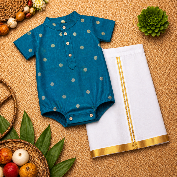 Royal Teal & Gold Baby Ethnic Romper – Traditional Festive Silk Outfit for Babies