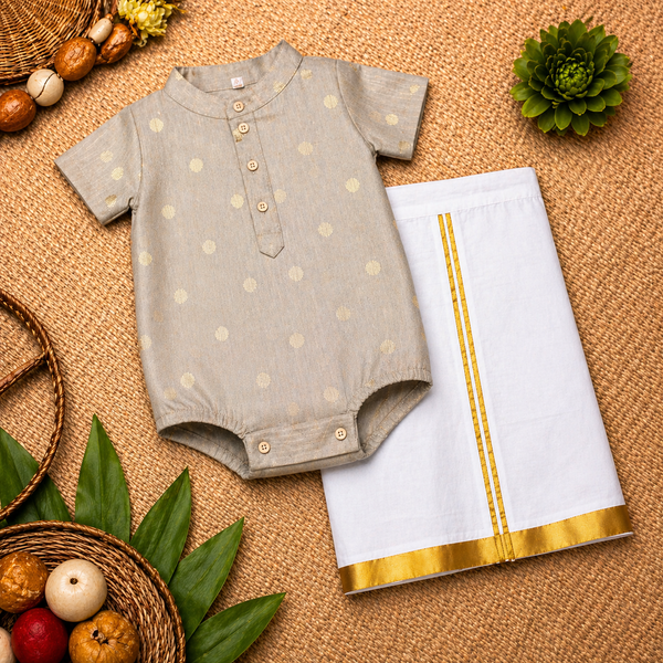 Royal Beige & Gold Baby Ethnic Romper – Traditional Festive Outfit for Babies