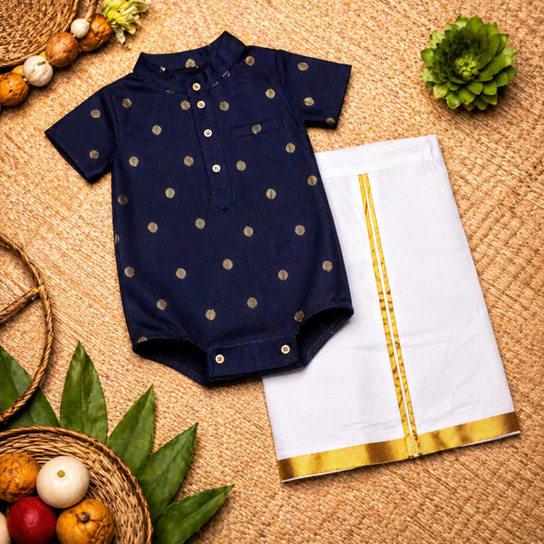 Royal Navy & Gold Baby Ethnic Romper – Traditional Festive Outfit for Babies