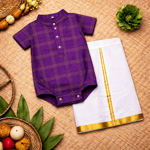 Royal Purple & Gold Checkered Baby Ethnic Romper – Traditional Festive Outfit for Babies