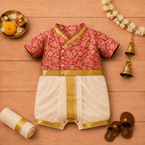 Red & Gold Floral Print Baby Dhoti Romper – Traditional Ethnic Wear