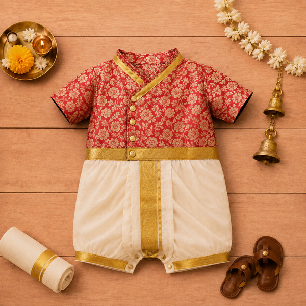 Red & Gold Floral Print Baby Dhoti Romper – Traditional Ethnic Wear