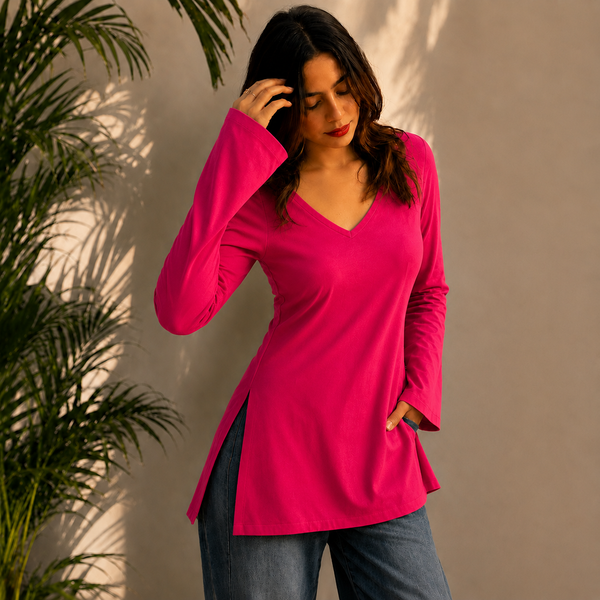 Fuchsia Solid Cotton Short Kurti for Women